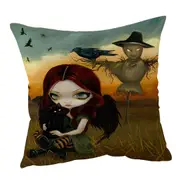 Scary Autumn the Scarecrow and Crow Winged Girl Cushion Cover