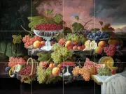 Still Life with Fruit and Sunset Landscape Tile Mural Kitchen Backsplash 24x18