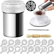 Chocolate Shaker, Stainless Steel Cocoa Powder Shaker with 24 Pcs Coffee Stencils & Latte Art Pen & Coffee Grinder Cleaning Brushes for Coffee Cappuccino Hot Chocolate Cake Baking DIY