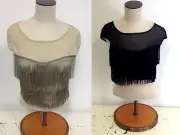 NEW NWT Millau LF Stores Sheer Beige or Black Tassel Fringe Crop Top $96 retail