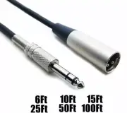 6-100Ft XLR 3 pin Male Jack to 1/4" 6.35mm Stereo Male Plug Microphone Mic Cable
