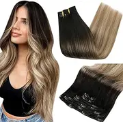 Full Shine 16" Balayage Ombre Blonde Hair Extensions Clip in Pastel Hair Extensions 100gram 10 Pcs Per Set Color #1B Black Roots Fading to #8 Brown and #22 Blonde