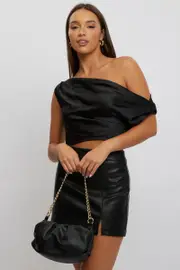 Black On Off Shoulder Satin Top - Size 6XXS, Women's Top