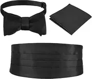 [HaiFafafaing] Black Cumberbund and Bow Tie Set, Adjustable Satin Cummerbund with Pocket Squares Bow Ties for Men, Solid Color Elegant Tuxedo 3-Pieces Set for Formal Events, Black, One Size