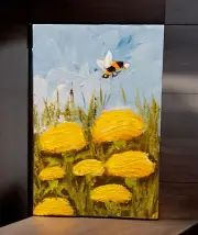 Honey Bee Original Oil Painting Dandelions Wildflowers Handmade Wall Art OOAK