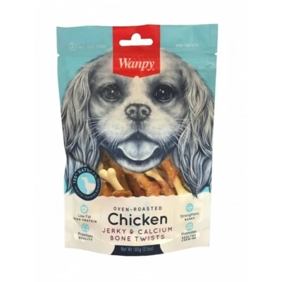 Wanpy Chicken Jerky & Calcium Bone Twists 100g - Dog Treats / Training Reward