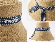 Miu Miu Gingham Fishing Hat Raffia Bucket Hat Switch Like Dust Bag Cap Hat S