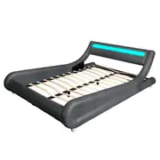 Thomas PU Leather Double Bed Frame with LED Lights with Padded Headboard Grey