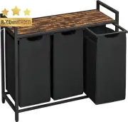 Laundry Sorter with 3 Bags, Shelf, Metal Frame, 36.4x13x28.4", Rustic Brown & Bl