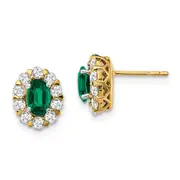 14k Yellow Gold Oval Emerald and Real Diamond Halo Post Earrings