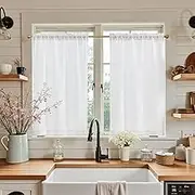 JINCHAN Tier Curtains Linen Textured Small Cafe Curtains for Kitchen Window Treatment Set 2 Panels, 76W x 61Lcm White