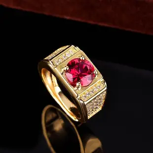 Kuroze 新款鍍pt950霸氣男士開口戒指鑲嵌紅寶石鍍18k黃金色微鑲男戒