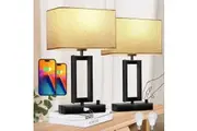2 USB Charging Bedside Lamps - Dimmable LED Bedroom Lights with Rotary Switch and Grey Fabric Shade