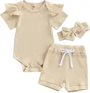 [Generic] Doll Pants Boys Romper Suits Spring Summer and Autumn Baby Comfortable Romper Round Neck Flying Sleeve Shorts Headscarf Casual Suit Giraffe Items for Girls