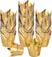 uxcell 100 Pcs Tulip Cupcake Liners, Muffins Liners Aluminum Foil Cupcake Wrappers Baking Cups Muffins Liners for Wedding Birthday Party Supplies, Gold