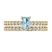 1.41 Emerald Round Cut Blue Promise Bridal Ring Band set 14k Yellow solid Gold