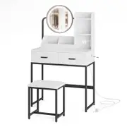 Advwin Dressing Table Makeup Vanity Desk Stool with LED Light&Charging Station Rotating Mirror White& Black