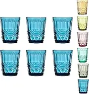 Floral Drinking Glasses Set of 6, 10 oz Vintage Glassware Old Fashioned Beverage Glasses Highball Cocktail Rocks Glass, Water Glasses Tumbler, Colored Water Cups, Elegant Embossed Glassware Blue
