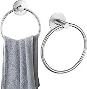 2Pcs Round Towel Ring, Stainless Steel Towel Hanger Ring Self Adhesive Hand Towel Holder Wall Mounted Silver Towel Rack Ring Towel Holder Hanger for Bathroom Kitchen Towel