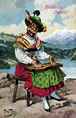 Arthur Thiele Alpine Rabbit playing Zither "Happy Easter!" *Art Repro Postcard*