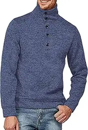 [Qolkmuiy-GJ] Men's Button Quarter Lightweight Sweater Casual Mock Neck Knitted Sweaters Classic Thermal Slim Fit Pullover, Dark Blue, XXL
