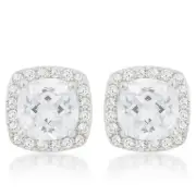 Precious Stars Silvertone Clear Cushion-Cut Cubic Zirconia Halo Stud Earrings