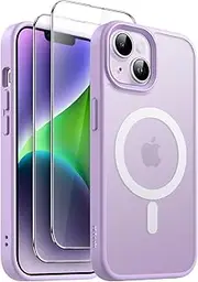 JETech 3 in 1 Magnetic Case for iPhone 14 6.1-Inch with 2-Pack Tempered Glass Screen Protector, Compatible with MagSafe, Translucent Matte Back Shockproof Phone Cover (Light Purple)