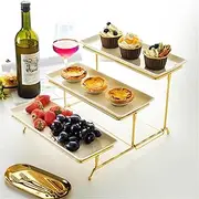 3 Tiered Serving Stand with White Porcelain Platters, Tiered Tray Stand, Tier Serving Trays with Golden Metal Stand for Entertaining, Dessert Stand