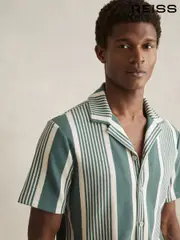 Reiss Sage/White Alcazar Stripe Ribbed Cuban Collar Shirt (AY6534) | $180