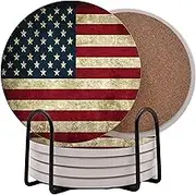 USA American Flag United States Round Coasters Set of 6 - Abosrbent Ceramic with Metal Stand for Drinks, Coffee, Non-Slip Cork Back for Tabletop Protection, 4 Inches (Rustic)