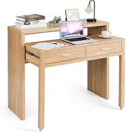 Giantex Extending Writing Desk, Wood Pull Out Computer Desk with Top Shelf & 2 Drawers, Simple Modern Style Home Office Workstation for Small Space, Easy Assembly