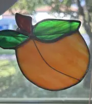 New Stained Glass Sun Catcher of Peach Fruit w/ Green Leaf Streaky Opaque Glass