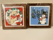 NEW Set 2 VTG Christmas Trivet Ceramic Tile With Wood Frame Snowman Bear Decor