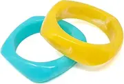 [yueton] 2PCS Square Resin Bangle Blue and Yellow Bracelets Irregular Geometric Plastic Wristbands for Women Girls, Large, Resin, resin