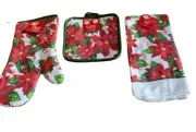4 Set Poinsettia Holiday Kitchen Decor 2 Potholders, 1 Oven Mitt, 1 Dish Towel