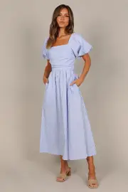 [PUP4] Clo Puff Sleeve Midi Dress - Blue Stripe XS Blue