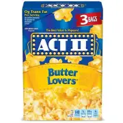 ACT II Butter Lovers Microwave Popcorn 3-Count 2.75-oz. Bags.