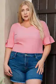 Peach Blossom Ruffled Half Sleeve V Neck Textured Plus Top