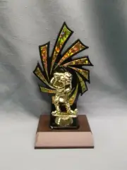 female golf trophy award comic black backdrop