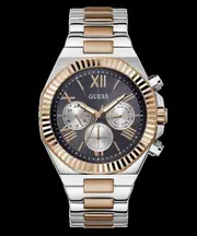 Guess Equity Brushed Silver Tone Case With Polished Rose Gold Tone Bezel With Sunray Navy Multifunction Dial And Brushed And Polished Two Tone Bracelet GW0703G4