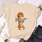 男女T恤DACHSHUND T-SHIRT 卡通臘腸犬狗狗印花男女圓領杏色T恤短袖上衣