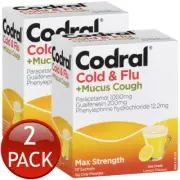 2 x Codral Cold & Flu + Mucus Cough Max Strength Hot Drink Powder Lemon 10 Pack