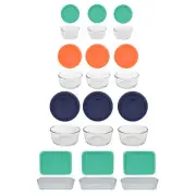 Pyrex 7200, 7201, 7202, and 7210 Glassware with compatible assorted colored Lids