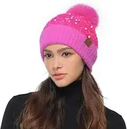 [C.C] Sequin Pom Beanie for Women - Acrylic Stretchable Soft Warm Knit Winter Skully Hat with Yarn Pom