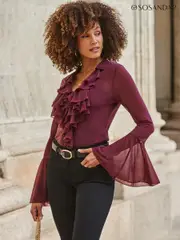 Sosandar Burgundy Red Ruffle Front Blouse (AH4267) | $127