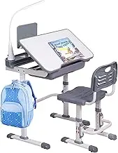 SMAGREHO Kids' Desk and Chair Set, Height Adjustable Child's School Study Writing Tables with Tilt Desktop, LED Light, Storage Drawer, Book Stand(Grey)