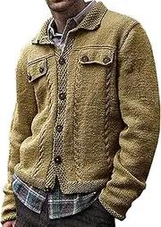 [Generic] Mens Polo Buttons Knit Cardigan Casual Cable Button Sweaters Big and Tall Ribbed Chunky Outwear for Men