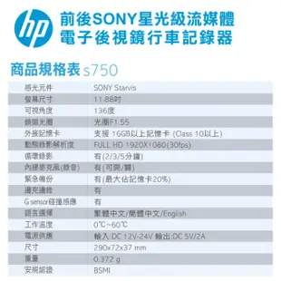HP S750【含安裝+送128G】前後Sony星光級 流媒體 TS碼流 GPS測速電子後視鏡 行車記錄器【小林3C】