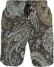 [GuoChe] Men's Swim Trunks Colorful Gold Paisley Retro Quick Dry Bathing Suits Sports Running Swim Board Shorts Pants with Mesh