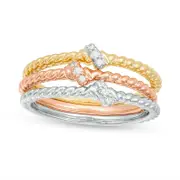 0.05 CT. T.W. Natural Diamond Slant Twist Three Piece Stackable Band Set in Solid 10K Tri-Tone Gold